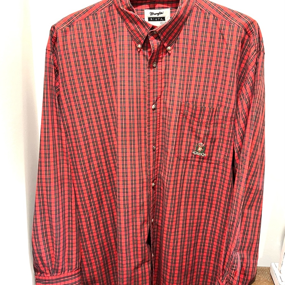 Vintage Wrangler Riata Red Plaid Button Down Men’s XXL 18 1/2 Sleeve 36/37